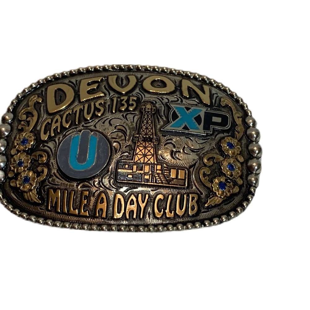 Tres Rios Silver Belt Buckle Devon Cactus 135.Oilfield Blue stones are synthetic